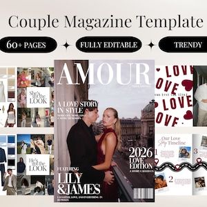 May include: Couple Magazine Template with the text "60+ PAGES", "FULLY EDITABLE", and "TRENDY". The magazine cover features a couple and the title "AMOUR". Other pages show photos and text, including "LILY & JAMES".