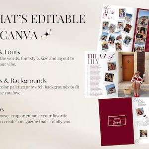 K&ouml;nnte beinhalten: Werbebild mit editierbaren Canva-Vorlagen. Der Text hebt die M&ouml;glichkeit hervor, Text, Schriftarten, Farben, Hintergr&uuml;nde und Fotos anzupassen. Es werden mehrere Magazin-Layouts angezeigt, darunter ein Reisetagebuch und eine Geburtstagskarte.