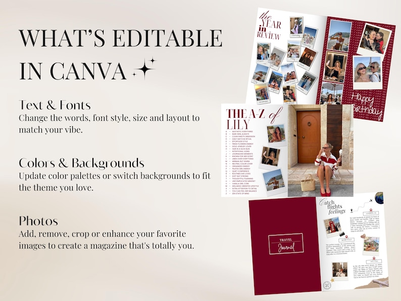 K&ouml;nnte beinhalten: Werbebild mit editierbaren Canva-Vorlagen. Der Text hebt die M&ouml;glichkeit hervor, Text, Schriftarten, Farben, Hintergr&uuml;nde und Fotos anzupassen. Es werden mehrere Magazin-Layouts angezeigt, darunter ein Reisetagebuch und eine Geburtstagskarte.