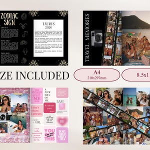 May include: A digital scrapbook layout featuring a Taurus 2026 zodiac sign page with black and gold graphics, a travel memories page with film strip photo collages, and a pink aesthetic page with motivational text and photos. Size is A4 210x297mm.