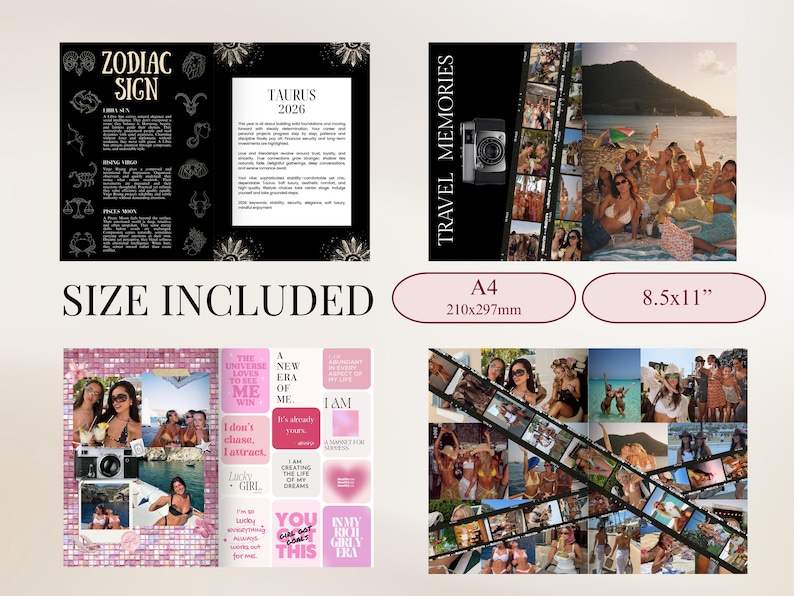 May include: A digital scrapbook layout featuring a Taurus 2026 zodiac sign page with black and gold graphics, a travel memories page with film strip photo collages, and a pink aesthetic page with motivational text and photos. Size is A4 210x297mm.