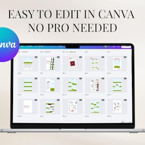 K&ouml;nnte beinhalten: Ein Laptop mit der Canva-Oberfl&auml;che und verschiedenen Designvorlagen. Der Bildschirm zeigt mehrere Layout-Optionen, mit dem Canva-Logo in einem blau-violetten Kreis. Der Text oben lautet "EASY TO EDIT IN CANVA NO PRO NEEDED."