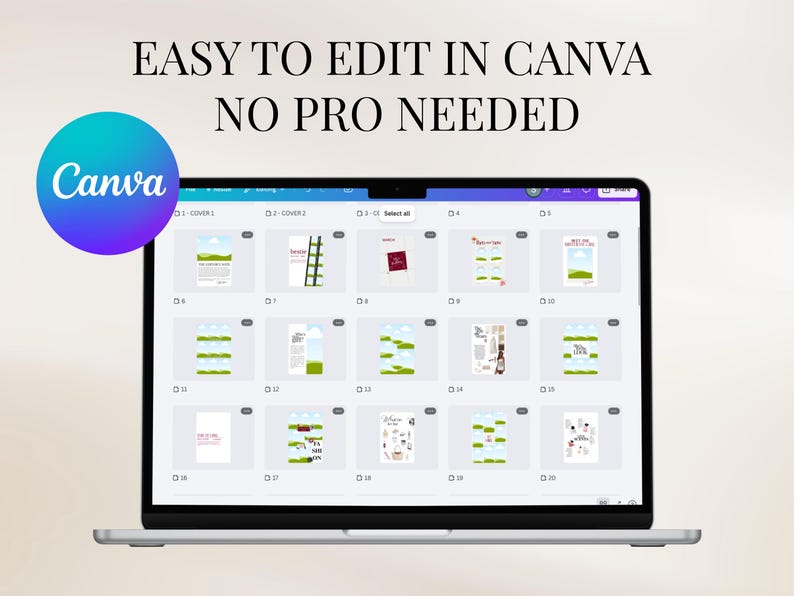 K&ouml;nnte beinhalten: Ein Laptop mit der Canva-Oberfl&auml;che und verschiedenen Designvorlagen. Der Bildschirm zeigt mehrere Layout-Optionen, mit dem Canva-Logo in einem blau-violetten Kreis. Der Text oben lautet "EASY TO EDIT IN CANVA NO PRO NEEDED."