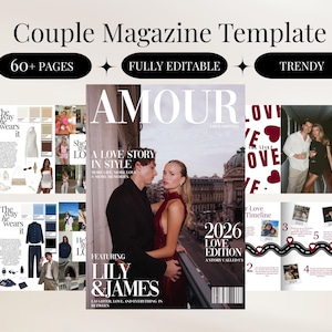 Könnte beinhalten: Eine Magazinvorlage mit dem Titel "Couple Magazine Template" mit dem Text "60+ PAGES", "FULLY EDITABLE" und "TRENDY". Das Cover des Magazins zeigt ein sich umarmendes Paar. Weitere Seiten zeigen Fotos und Designelemente.