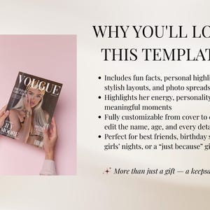 May include: A digital template for a magazine cover titled VOUGUE, featuring a blonde person on the cover with the text LILY MOORE and BIRTHDAY GIRL EDITION. The text on the right lists features including fun facts, personal highlights, and customisable layouts for a keepsake gift.