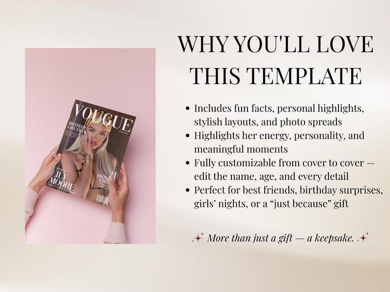 May include: A digital template for a magazine cover titled VOUGUE, featuring a blonde person on the cover with the text LILY MOORE and BIRTHDAY GIRL EDITION. The text on the right lists features including fun facts, personal highlights, and customisable layouts for a keepsake gift.
