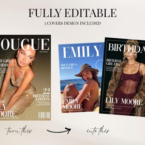 K&ouml;nnte beinhalten: Ein Bild, das drei Magazin-Cover mit dem Text "FULLY EDITABLE" und "3 COVERS DESIGN INCLUDED" zeigt. Die Cover zeigen die Namen "VOGUE", "EMILY" und "BIRTHDAY", mit Models und den Namen "LILY MOORE" und "EMILY MOORE". Das Bild enth&auml;lt den Text "turn this" und "into this".