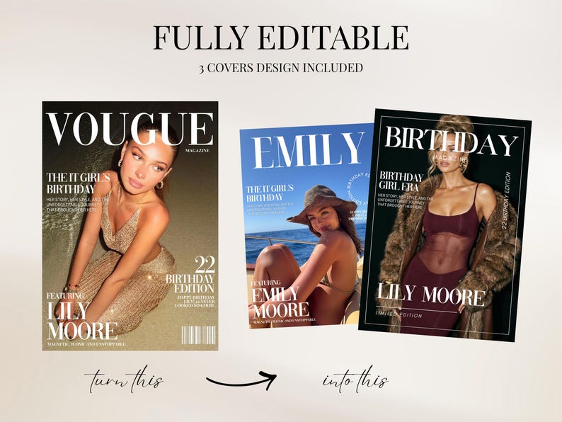 K&ouml;nnte beinhalten: Ein Bild, das drei Magazin-Cover mit dem Text "FULLY EDITABLE" und "3 COVERS DESIGN INCLUDED" zeigt. Die Cover zeigen die Namen "VOGUE", "EMILY" und "BIRTHDAY", mit Models und den Namen "LILY MOORE" und "EMILY MOORE". Das Bild enth&auml;lt den Text "turn this" und "into this".