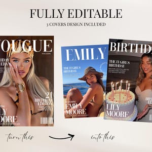 May include: Three digital magazine cover templates featuring customisable text and layouts. The designs include titles like VOUGUE, EMILY, and BIRTHDAY, with placeholders for names like Lily Moore and Emily Moore, plus birthday edition graphics and barcodes.