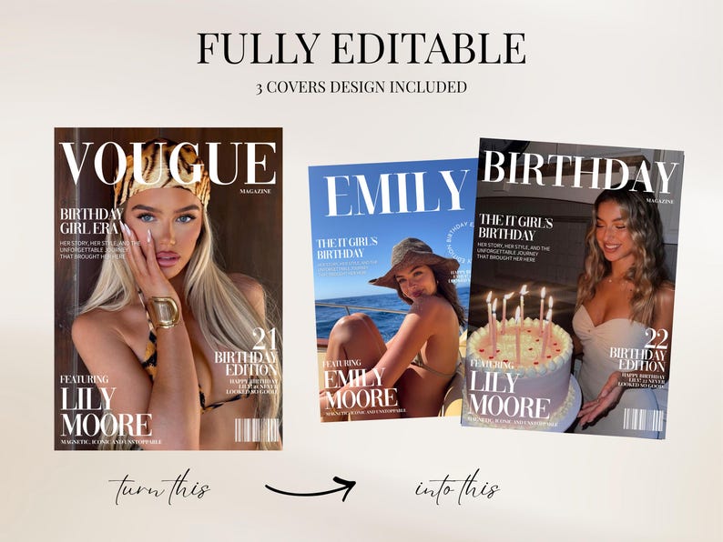 May include: Three digital magazine cover templates featuring customisable text and layouts. The designs include titles like VOUGUE, EMILY, and BIRTHDAY, with placeholders for names like Lily Moore and Emily Moore, plus birthday edition graphics and barcodes.