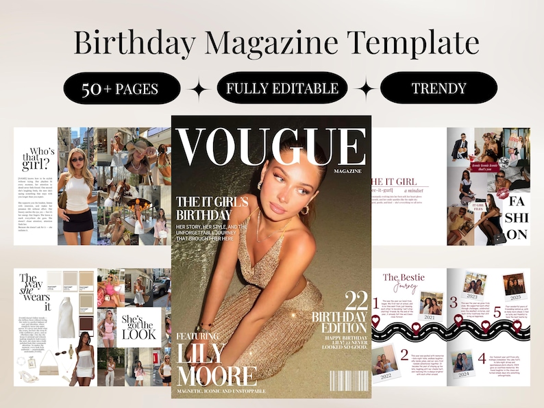K&ouml;nnte beinhalten: Eine Magazinvorlage mit dem Text "Birthday Magazine Template" oben. Die Vorlage enth&auml;lt ein "Vogue"-Magazin-Cover mit einer Frau und Seiten mit Fotos und Text. Die Vorlage wird als "50+ PAGES", "FULLY EDITABLE" und "TRENDY" beschrieben.