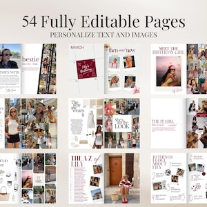 K&ouml;nnte beinhalten: Ein Layout mit 54 vollst&auml;ndig bearbeitbaren Seiten, mit dem Text "54 Fully Editable Pages" und "Personalize Text and Images". Die Seiten enthalten Fotos, Text und Designelemente mit &Uuml;berschriften wie "The Editor's Note" und "Meet the Birthday Girl."