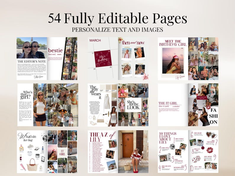 K&ouml;nnte beinhalten: Ein Layout mit 54 vollst&auml;ndig bearbeitbaren Seiten, mit dem Text "54 Fully Editable Pages" und "Personalize Text and Images". Die Seiten enthalten Fotos, Text und Designelemente mit &Uuml;berschriften wie "The Editor's Note" und "Meet the Birthday Girl."