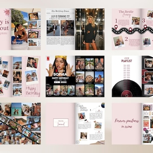 May include: A multi-page birthday photo book layout featuring various collage designs, including a newspaper-style page, a Netflix-themed interface, a vinyl record playlist, a travel journal, and numerous candid photographs with text overlays.