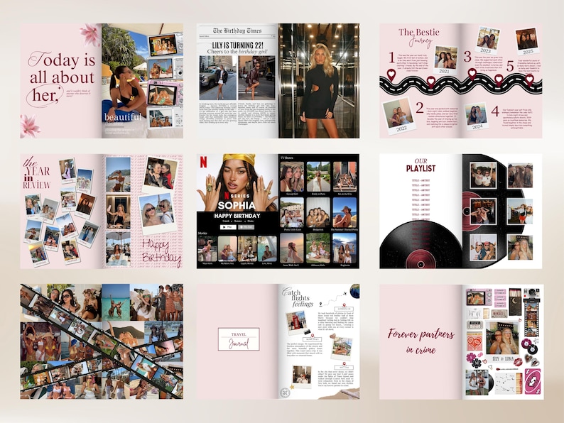May include: A multi-page birthday photo book layout featuring various collage designs, including a newspaper-style page, a Netflix-themed interface, a vinyl record playlist, a travel journal, and numerous candid photographs with text overlays.