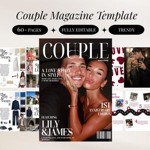 Può includere: Un modello di rivista digitale per coppie con oltre 60 pagine completamente modificabili. La copertina mostra il titolo COUPLE, A LOVE STORY IN STYLE, 1ST ANNIVERSARY EDITION e LILY & JAMES, insieme a pagine interne con collage di moda e una cronologia.