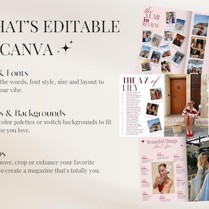 May include: A digital template for a photo magazine featuring editable text, fonts, colours, and backgrounds. The layout displays multiple pages with photo collages, lists, and the text: WHAT'S EDITABLE IN CANVA, THE YEAR IN REVIEW, THE A-Z OF LILY, and Beautiful Things About Her.