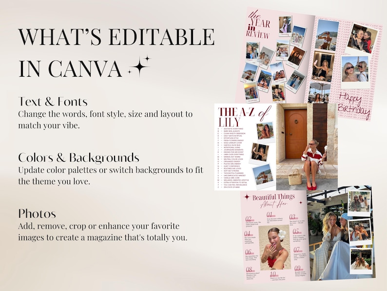 May include: A digital template for a photo magazine featuring editable text, fonts, colours, and backgrounds. The layout displays multiple pages with photo collages, lists, and the text: WHAT'S EDITABLE IN CANVA, THE YEAR IN REVIEW, THE A-Z OF LILY, and Beautiful Things About Her.