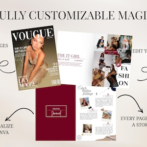 K&ouml;nnte beinhalten: Ein digitales Design mit einem Magazin-Cover mit der Aufschrift &bdquo;Vogue&ldquo; und &bdquo;Lily Moore&ldquo;, einem Reisetagebuch und einem Moodboard mit dem Text &bdquo;Fashion&ldquo;. Das Design enth&auml;lt die S&auml;tze &bdquo;Vollst&auml;ndig anpassbar&ldquo;, &bdquo;In Canva personalisieren&ldquo; und &bdquo;Jede Seite erz&auml;hlt eine Geschichte&ldquo;.