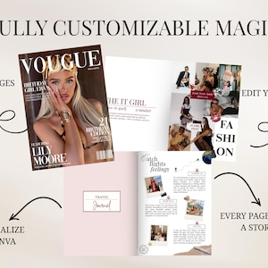 May include: A digital magazine template set featuring 56 pages with customisable layouts. The design includes a cover with the title VOUGUE, a fashion spread titled THE IT GIRL, and a travel journal page with text and photo placeholders for editing in Canva.
