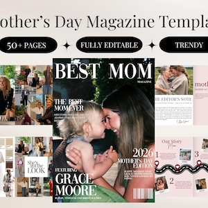 Könnte beinhalten: Eine Vorlage für ein Muttertagsmagazin mit dem Text "Mother's Day Magazine Template". Das Cover zeigt eine Mutter und ein Kind. Die Vorlage enthält Layouts mit Fotos und Text, mit den Worten "BEST MOM" und "2026 MOTHER'S DAY EDITION".