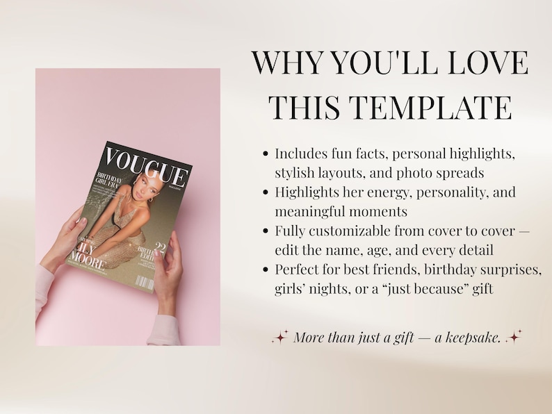 K&ouml;nnte beinhalten: Ein Magazin-Cover mit dem Wort "VOUGE" in gro&szlig;en wei&szlig;en Buchstaben. Das Cover zeigt eine Frau in einem glitzernden Kleid. Der Text auf dem Cover lautet "Lily Moore" und "Birthday Girl Era". Der Hintergrund ist hellrosa.
