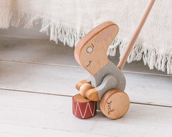 Toddler Learning Toy, Wooden Push Toy, Vintage Inspired Bunny Pushing Toy