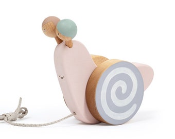 Pull and Push Toy a Snail, Wooden Push Along Toy for Toddler