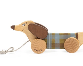 Personalized Toy Dog, Eco Friendly Pull Along Toy, Wooden Toy Dachshund, Dog Pull Toy, Green Dog on Wheels