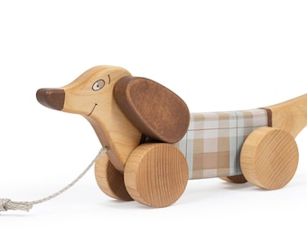 Juguete de madera para tirar con forma de perro salchicha: madera de abedul artesanal