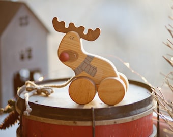 Wooden Deer Toy, Wooden Pull Along Toy, Our First Christmas