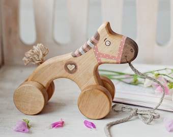 First Communion Gift Girl, Personalized Wooden Pull Toy Horse