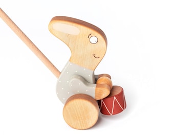 Push Along Wooden Toy For 1 Year Old, Drumming Bunny Toy