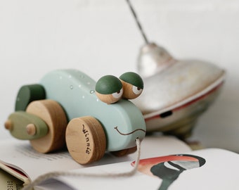 Eco-friendly Wooden Pull Toy Frog, Handmade & Hand Painted for Play and Discovery