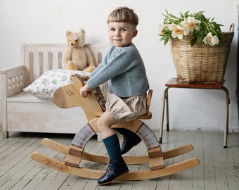 Personalized Handmade Wooden Rocking Horse, Unique Eco-Friendly Wood Ride On Toy