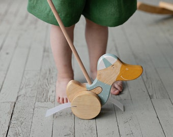 Personalized Gift For Kids, Push Along Walking Duck, Custom Wooden Toddler Toy