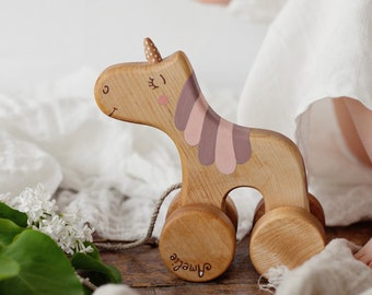 2 Year Old Girl Gift, Personalized Wooden Pull Toy Unicorn