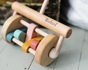 Wood Push Toy Rattle, Customised Wood Toy for a One Year Old Toddler