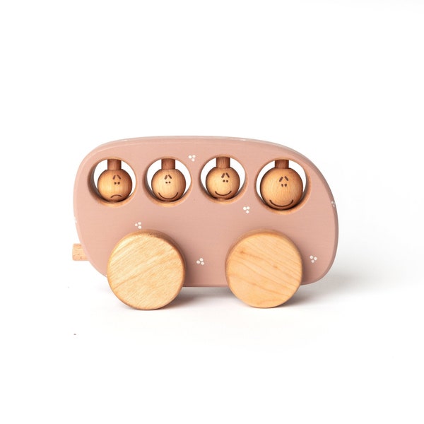 Jouet bus en bois fait main : cadeau pour tout-petit en bois de bouleau rose