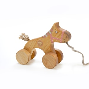 Wooden Horse Toy, Pull Toys for 1 Year Old, Pink Toy for Toddler Girl, Old Fashioned Toys