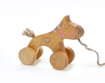 Wooden Horse Toy, Pull Toys for 1 Year Old, Pink Toy for Toddler Girl, Old Fashioned Toys