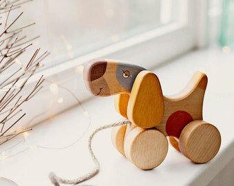 Wooden Pull Along Toy, Wooden Toy For Toddler, Pull Toy Dog