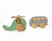Personalized Wooden Toy Set, Wood Toys for 1 year old, Wood Helicopter Toy and School Bus Toy