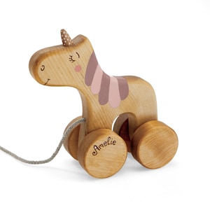 Wooden Unicorn Toy, Personalized Wooden Toy for Toddler, Wood Pull Toys