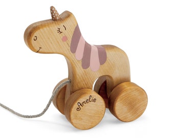 Wooden Unicorn Toy, Personalized Wooden Toy for Toddler, Wood Pull Toys