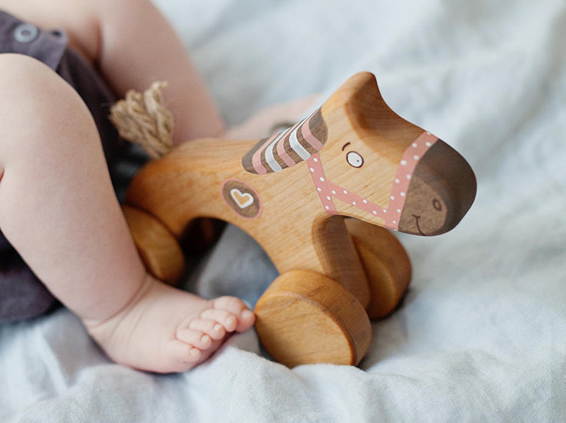 Wooden Horse Toy Pull Toys for 1 Year Old Pink Toy for Etsy