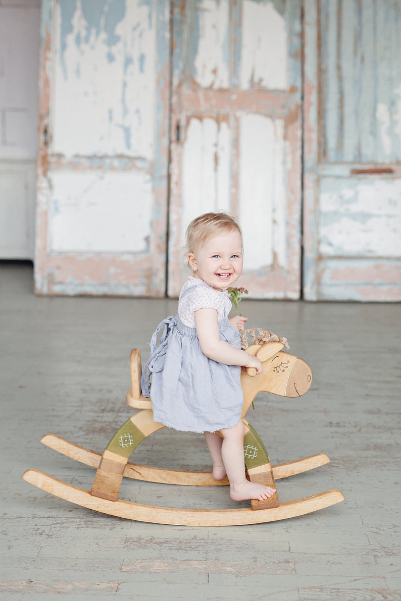 Personalized Wooden Rocking Horse, Organic Kids Toy, Wooden Toy For Toddler, Wood Ride On Toy image 5