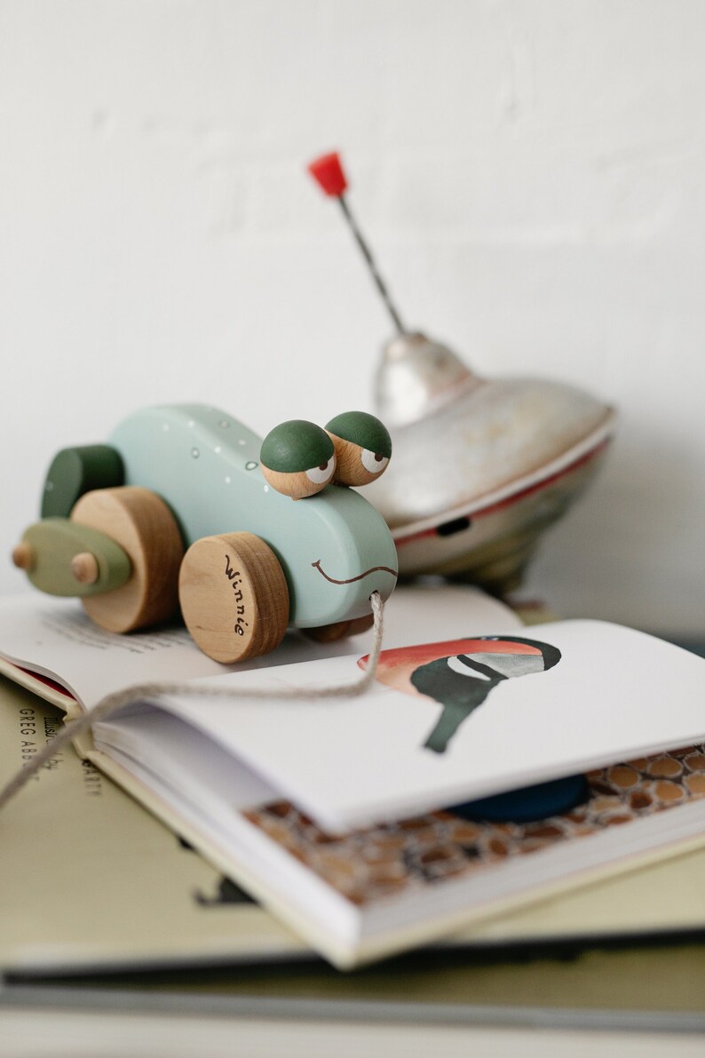 Eco-friendly Wooden Pull Toy Frog, Handmade & Hand Painted for Play and Discovery image 1