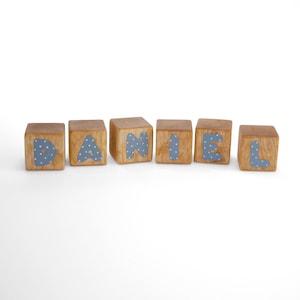 Wood Name Blocks, Natural Nursery Home Decor, Blue Alphabet Blocks