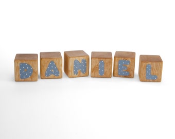 Wood Name Blocks, Natural Nursery Home Decor, Blue Alphabet Blocks